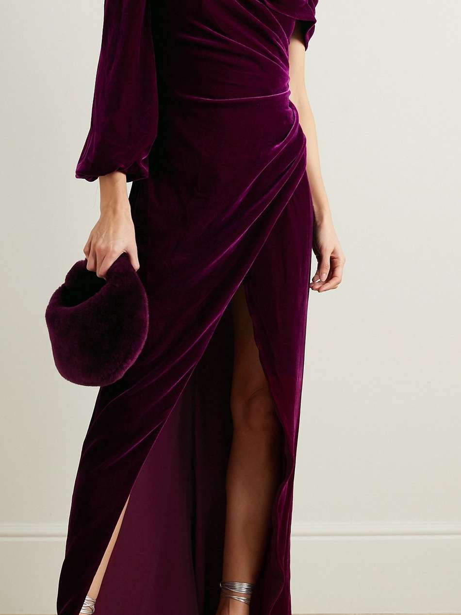 one-shoulder draped velvet gown