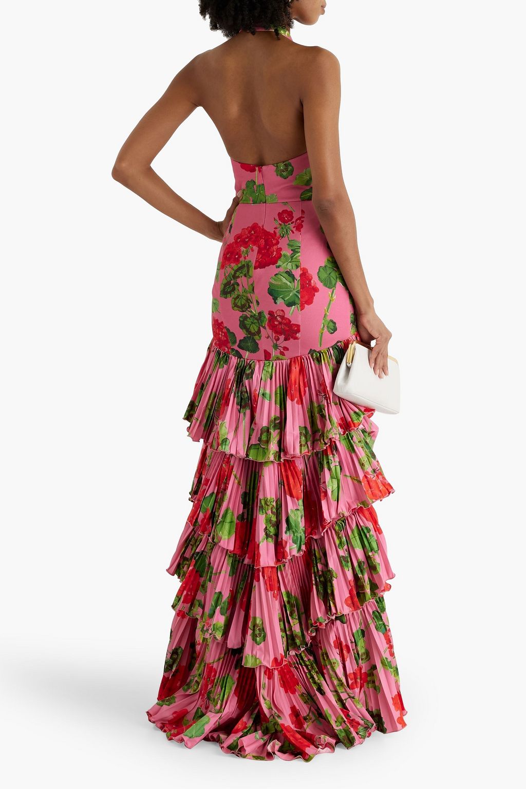OSCAR DE LA RENTA فستان سهرة برباط حول الرقبة من الساتين ومزيج من القطن بطبقات متدرجة ومزين بطبعة الأزهار