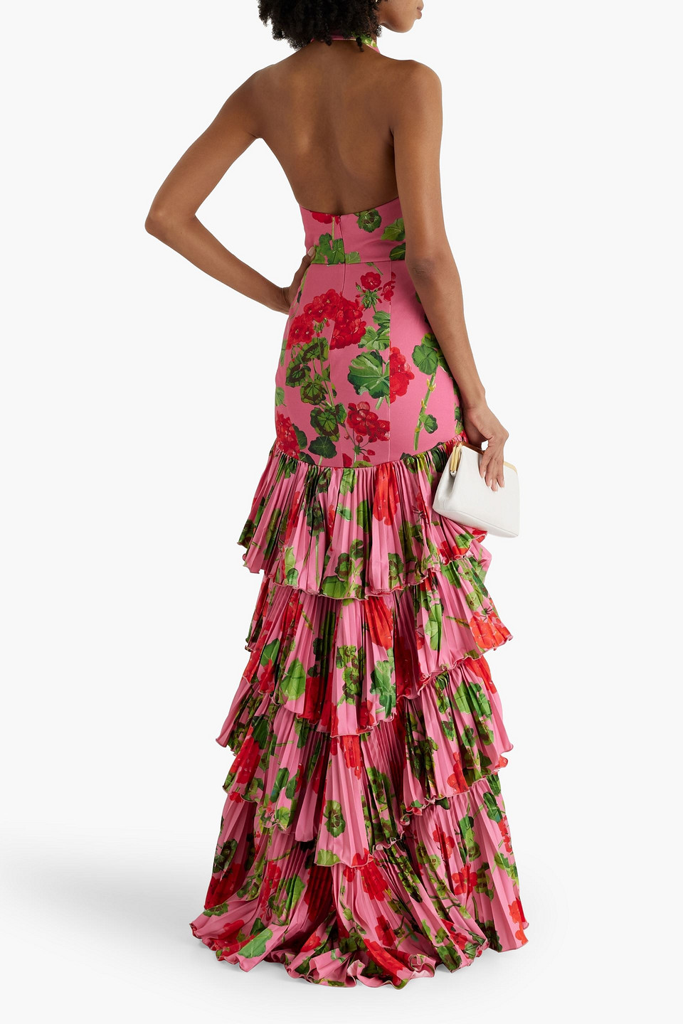 Oscar De La Renta Tiered Floral-print Cotton-blend Sateen Halterneck Gown In Pink