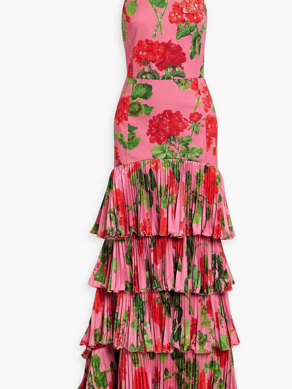 tiered floral-print cotton-blend sateen halterneck gown