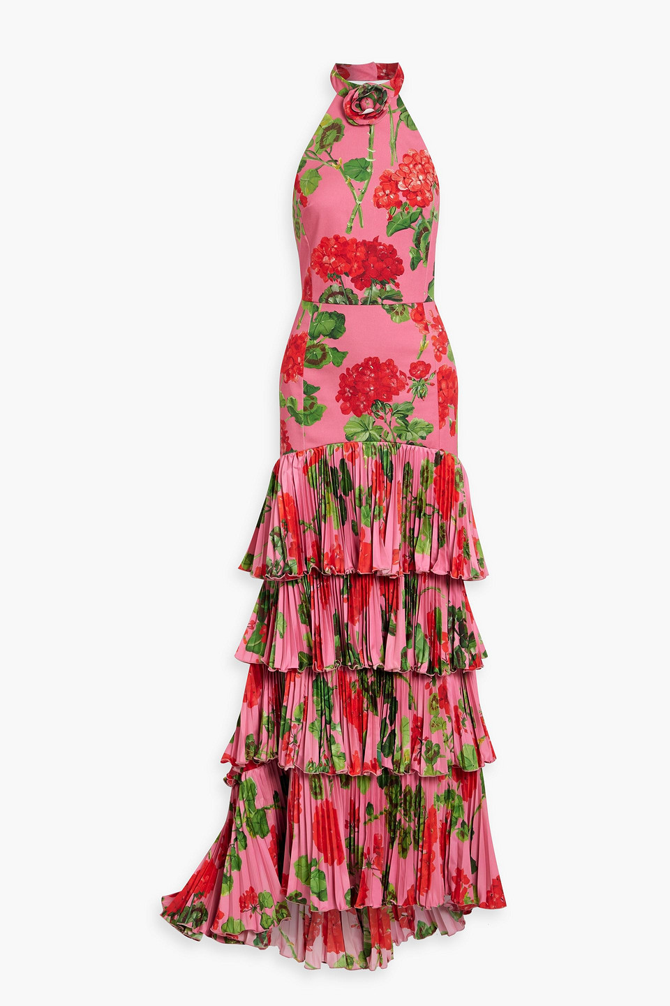 Oscar De La Renta Tiered Floral-print Cotton-blend Sateen Halterneck Gown In Pink