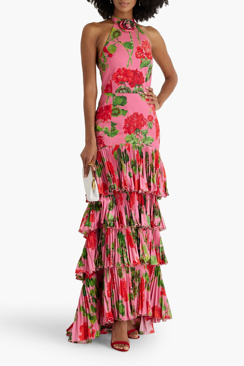 Oscar De La Renta Tiered Floral-print Cotton-blend Sateen Halterneck Gown In Pink