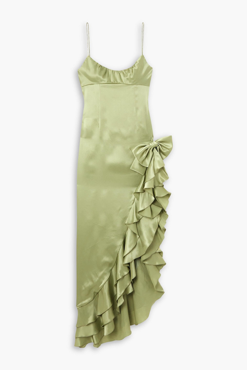Alessandra Rich Asymmetric Ruffled Silk-satin Maxi Dress In Salbeigrün