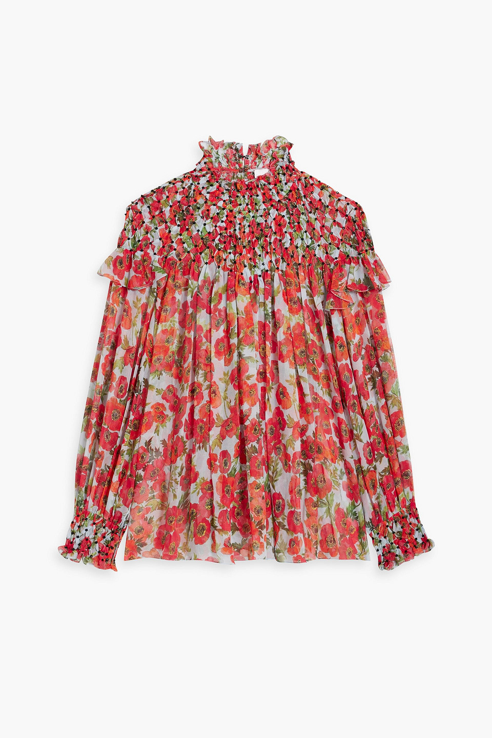 Carolina Herrera Crystal-embellished Floral-print Silk-chiffon Top In Red