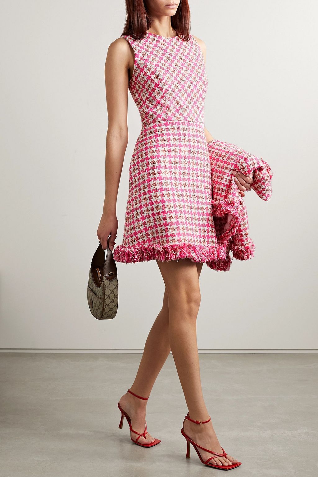 CAROLINA HERRERA Frayed houndstooth cotton-blend bouclé mini dress