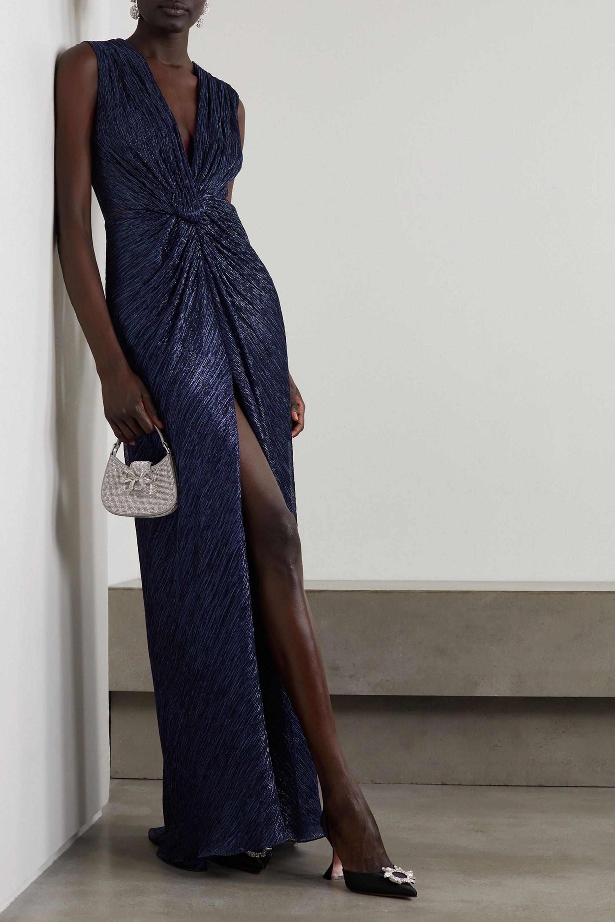 Costarellos Mireille twist-front metallic plissé-jersey gown