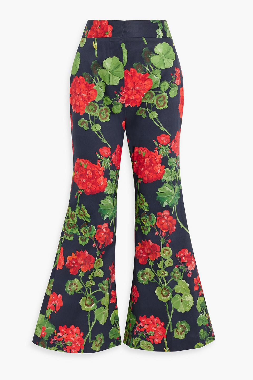 Oscar De La Renta Floral-print Cotton-blend Twill Flared Pants In Navy