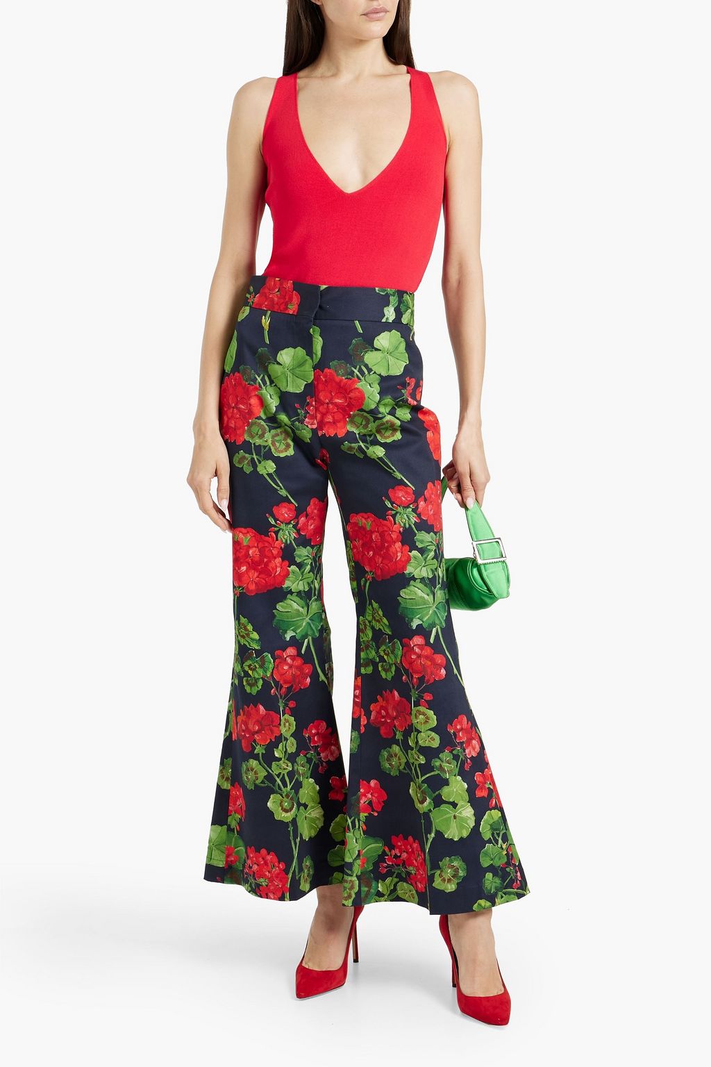 OSCAR DE LA RENTA Floral-print cotton-blend twill flared pants
