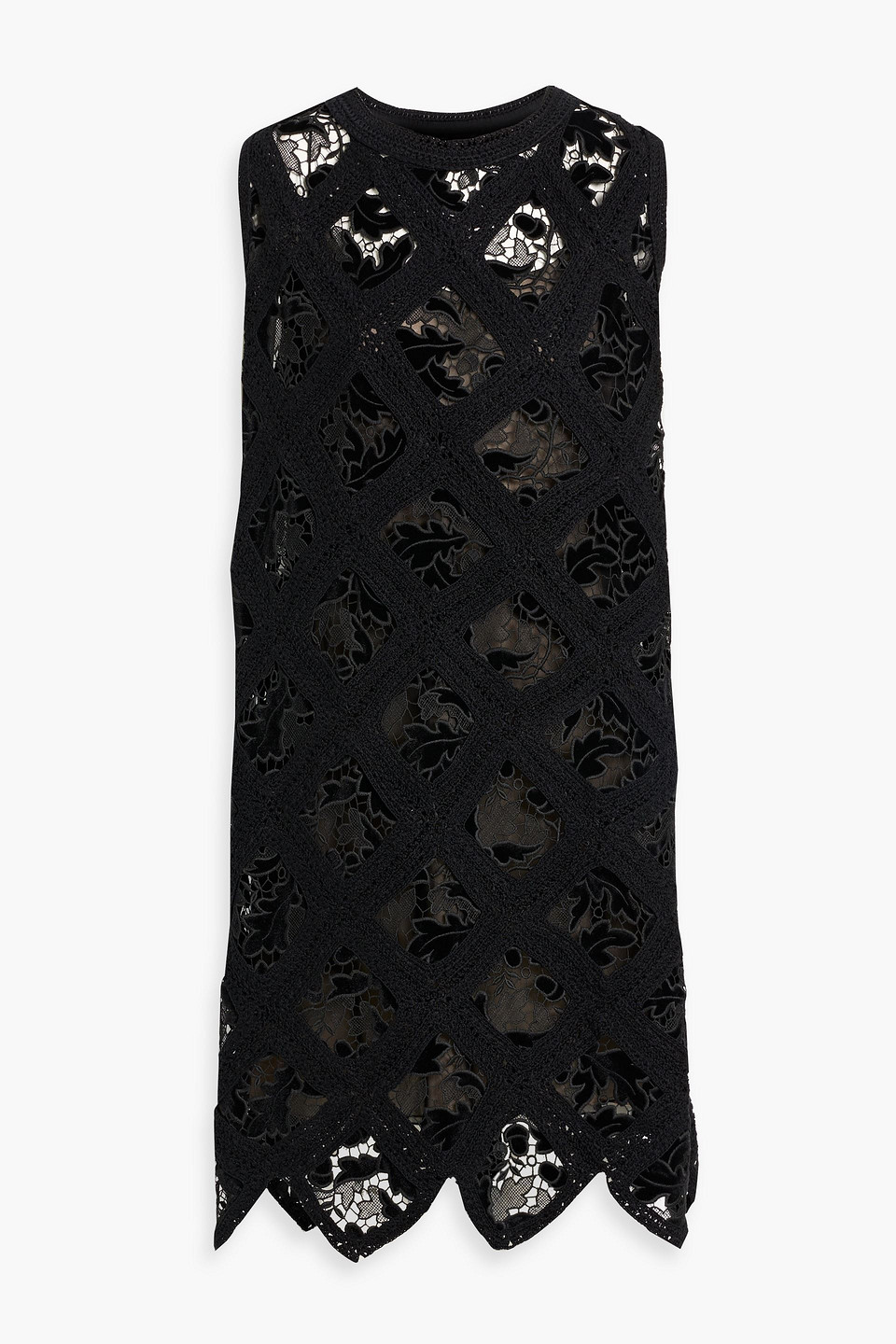 oscar de la renta - guipure lace, crocheted cotton and velvet mini dress - black - xl
