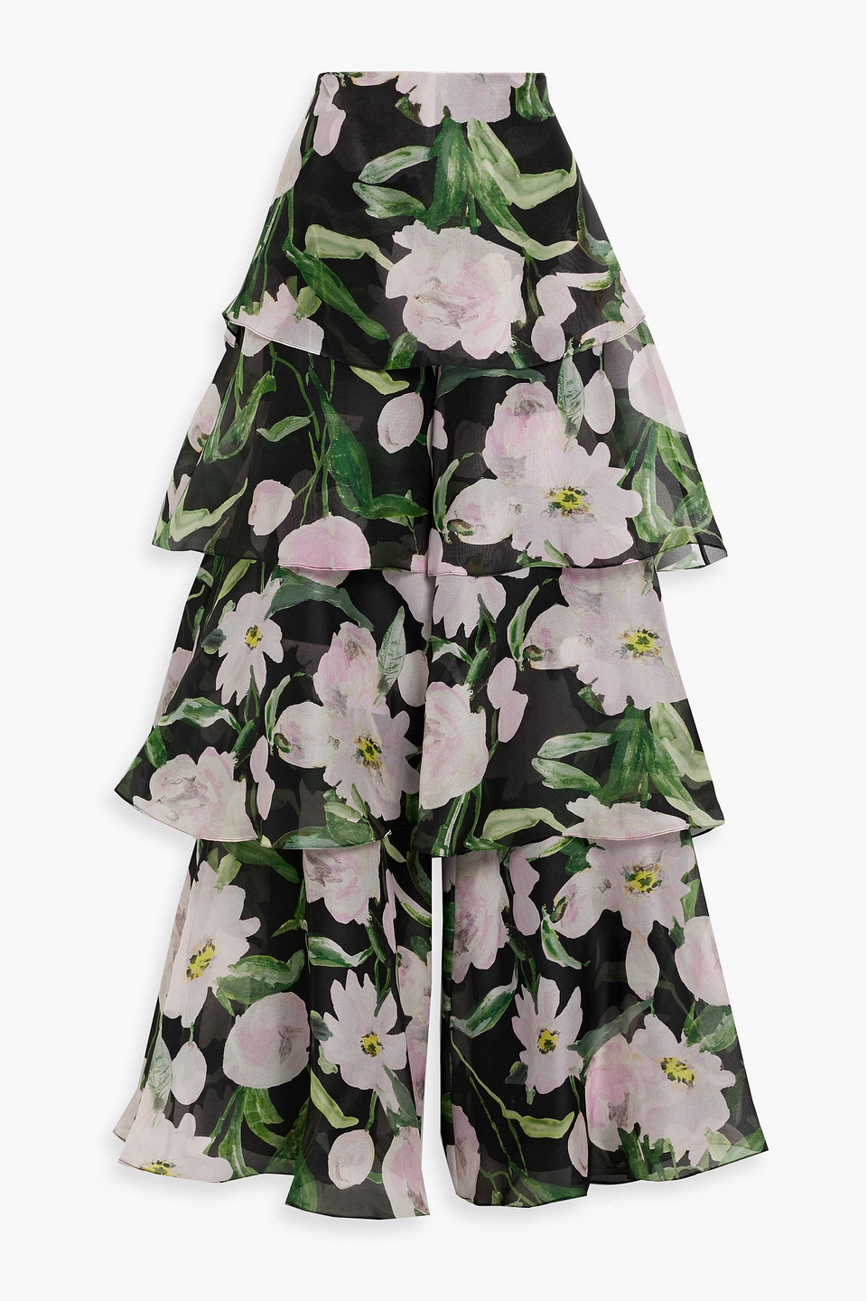 Carolina Herrera Tiered Floral-print Silk-chiffon Wide-leg Pants In Black