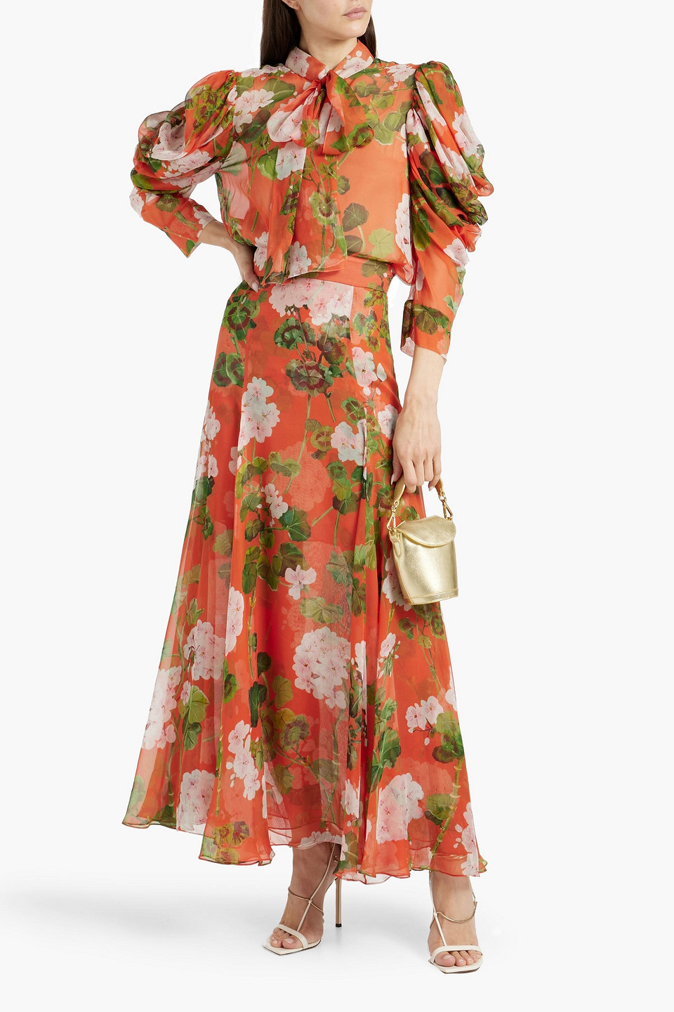 Shop Oscar De La Renta Floral-print Silk-chiffon Maxi Skirt In Orange