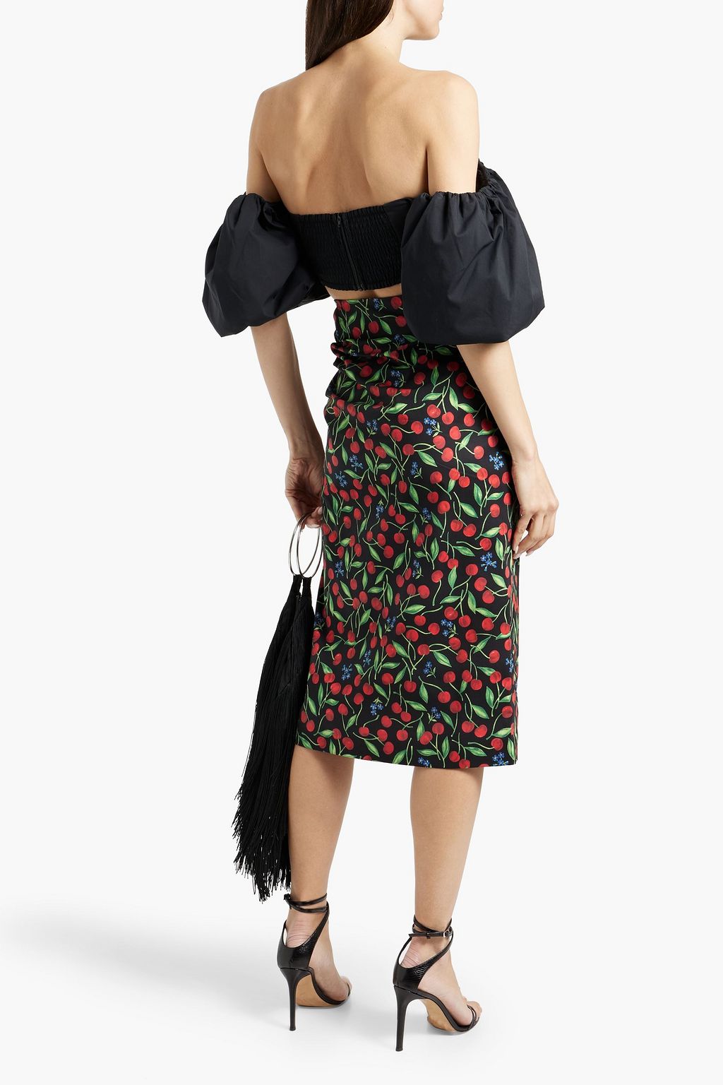 CAROLINA HERRERA Ruched printed cotton-blend poplin midi pencil skirt