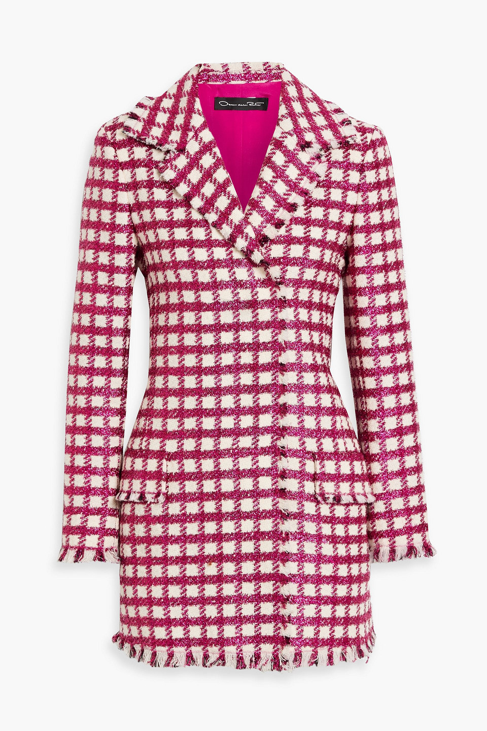 Shop Oscar De La Renta Metallic Checked Wool-blend Blazer In Fuchsia