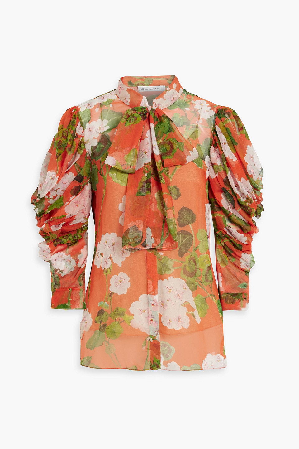 Oscar De La Renta Tie-neck Floral-print Chiffon Top In Orange