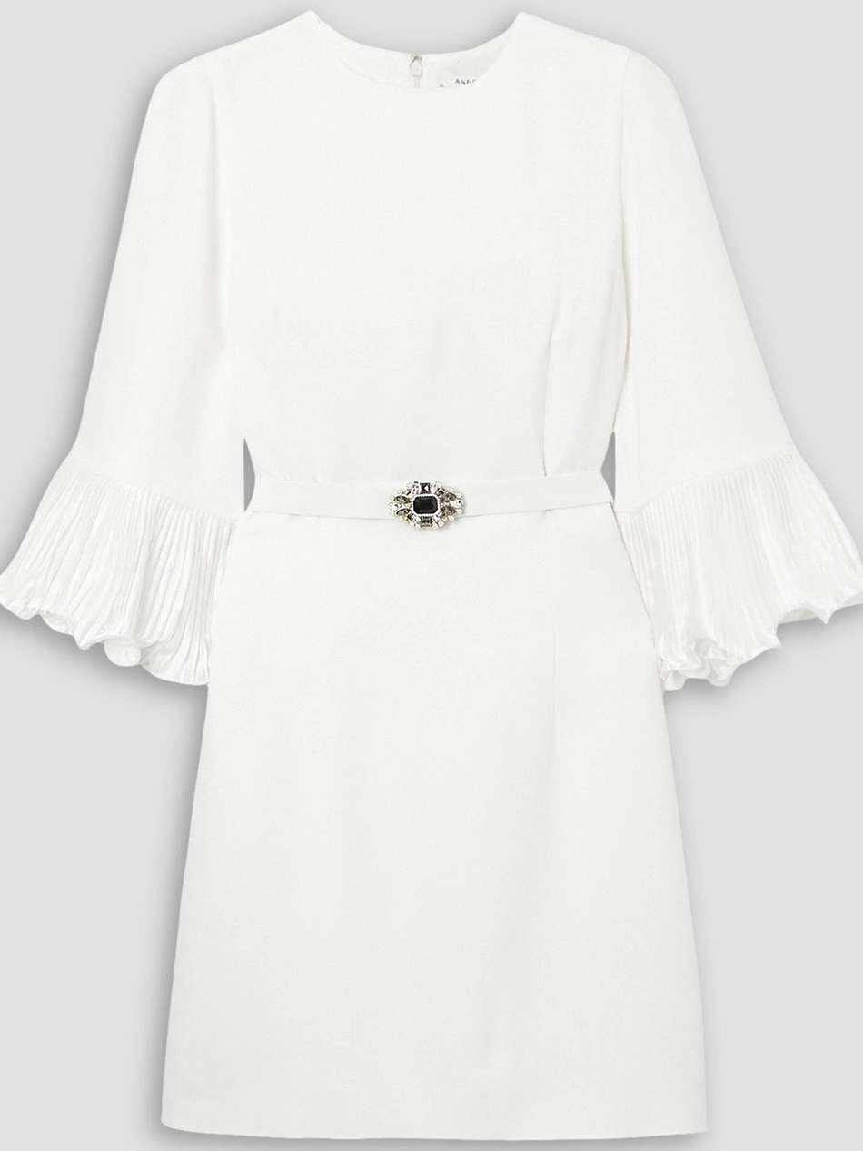 embellished belted plissé satin-trimmed crepe mini dress