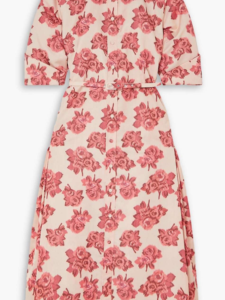 tokyo belted cutout floral-print moire midi shirt dress