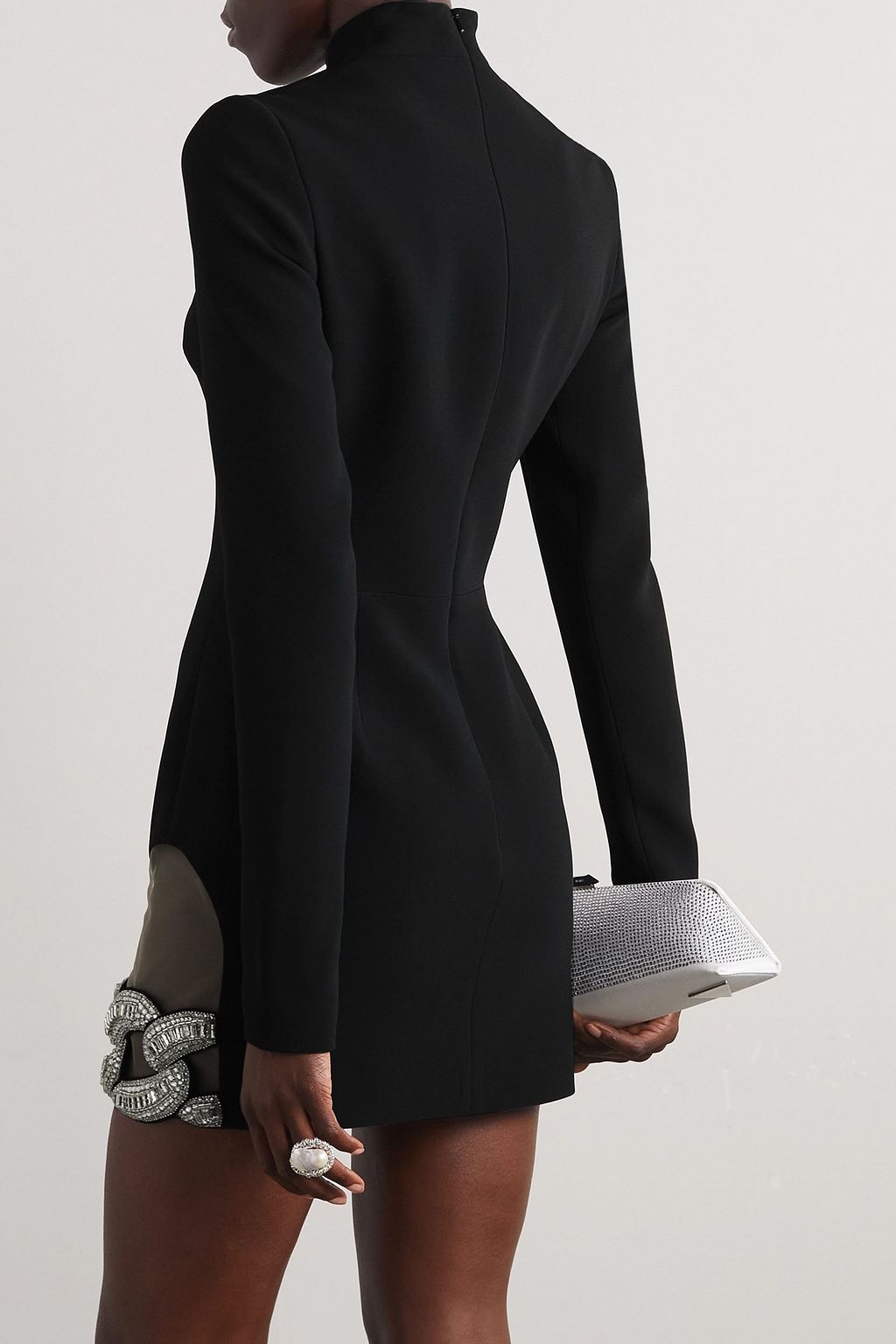 DAVID KOMA Crystal-embellished mesh-trimmed stretch-cady mini dress