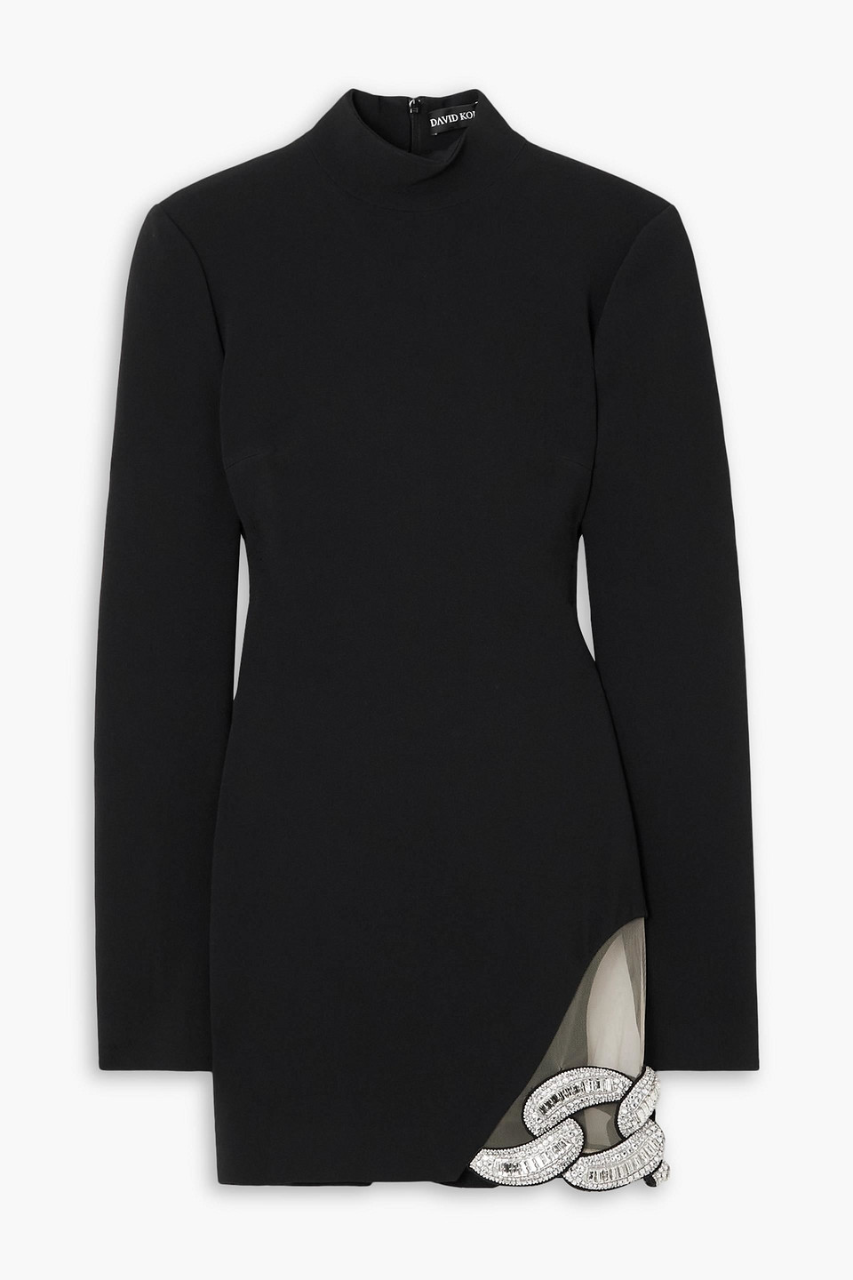 Crystal-embellished mesh-trimmed stretch-cady mini dress