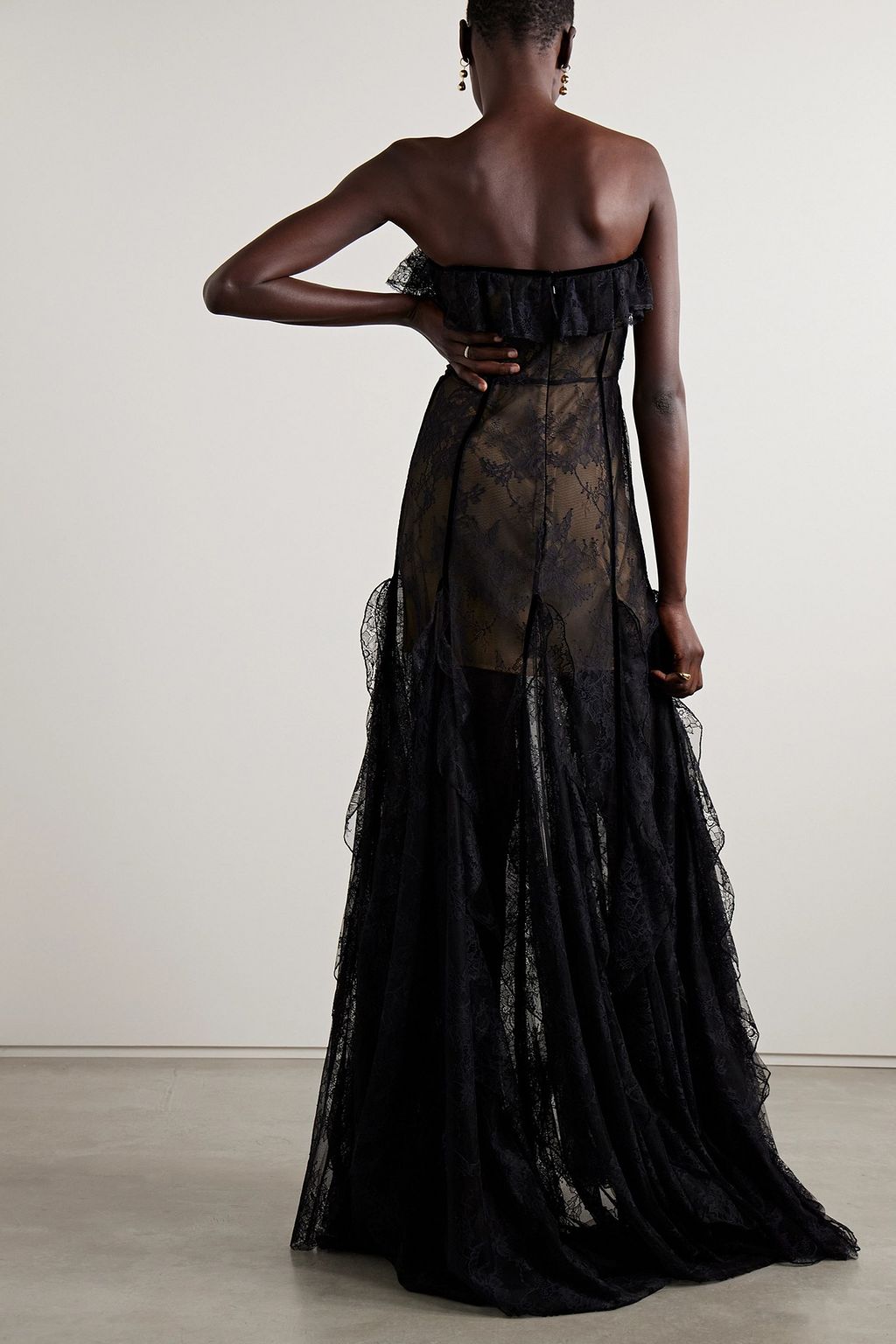 COSTARELLOS Rosaline strapless velvet-trimmed ruffled lace gown
