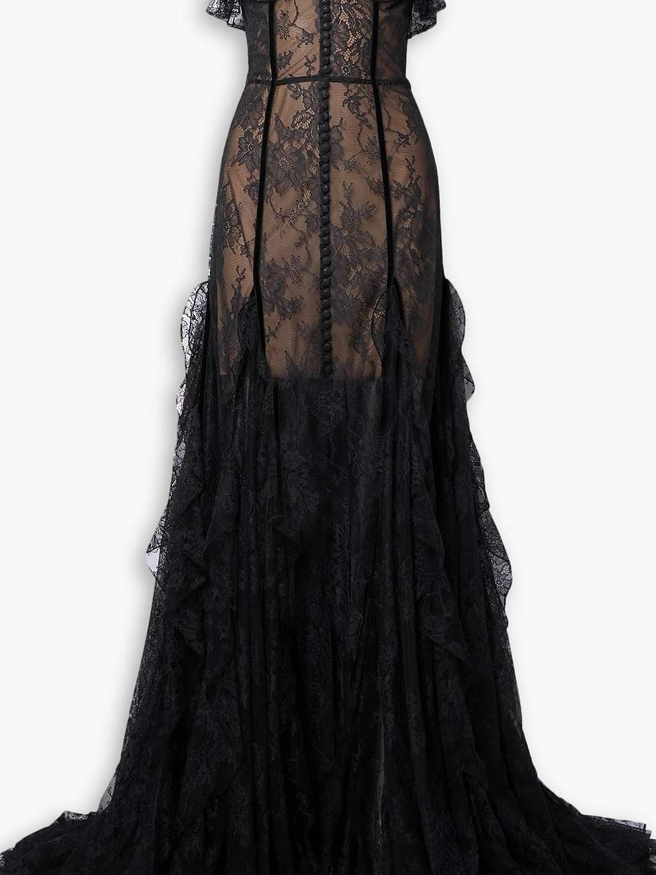 rosaline strapless velvet-trimmed ruffled lace gown