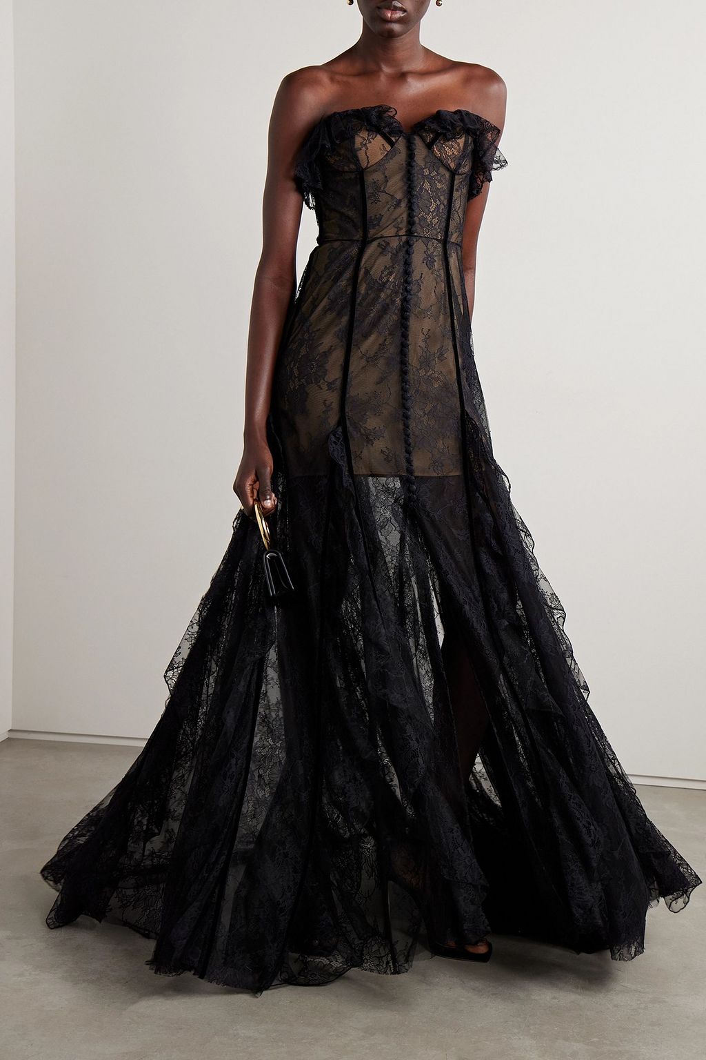 COSTARELLOS Rosaline strapless velvet-trimmed ruffled lace gown
