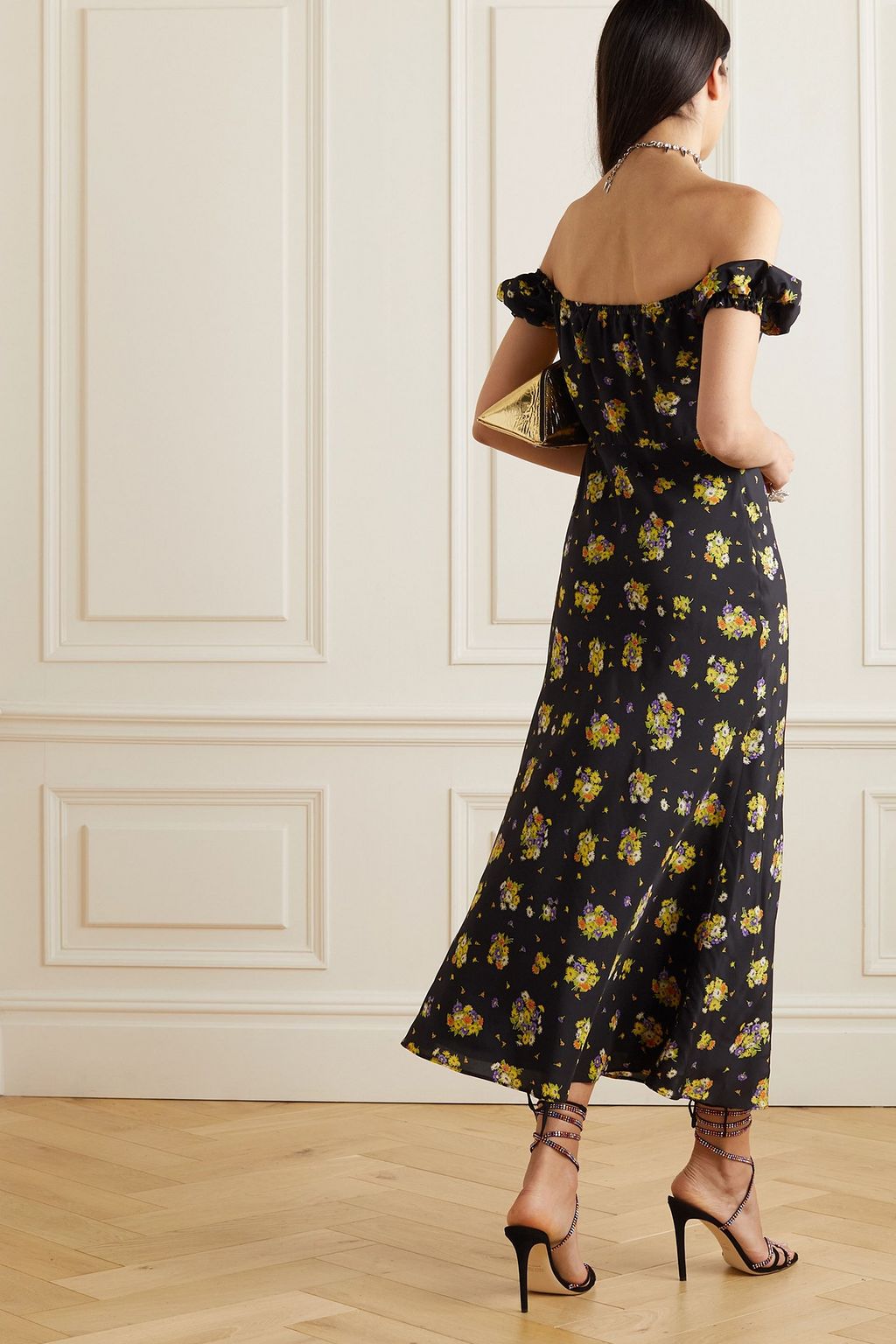ALESSANDRA RICH Off-the-shoulder floral-print silk-crepe maxi dress