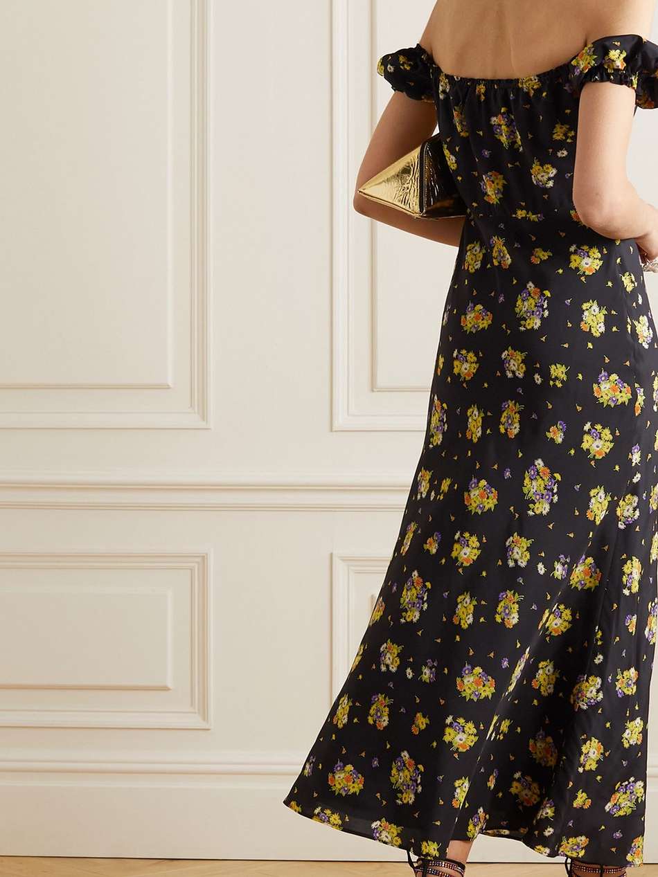 off-the-shoulder floral-print silk-crepe maxi dress