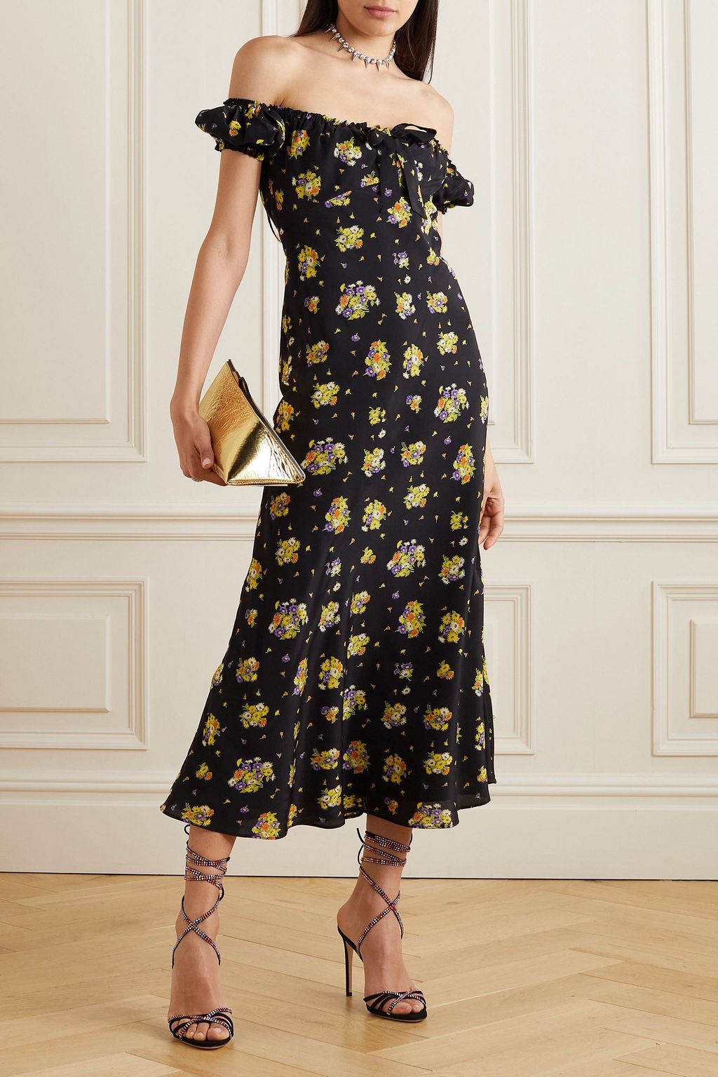 ALESSANDRA RICH Off-the-shoulder floral-print silk-crepe maxi dress