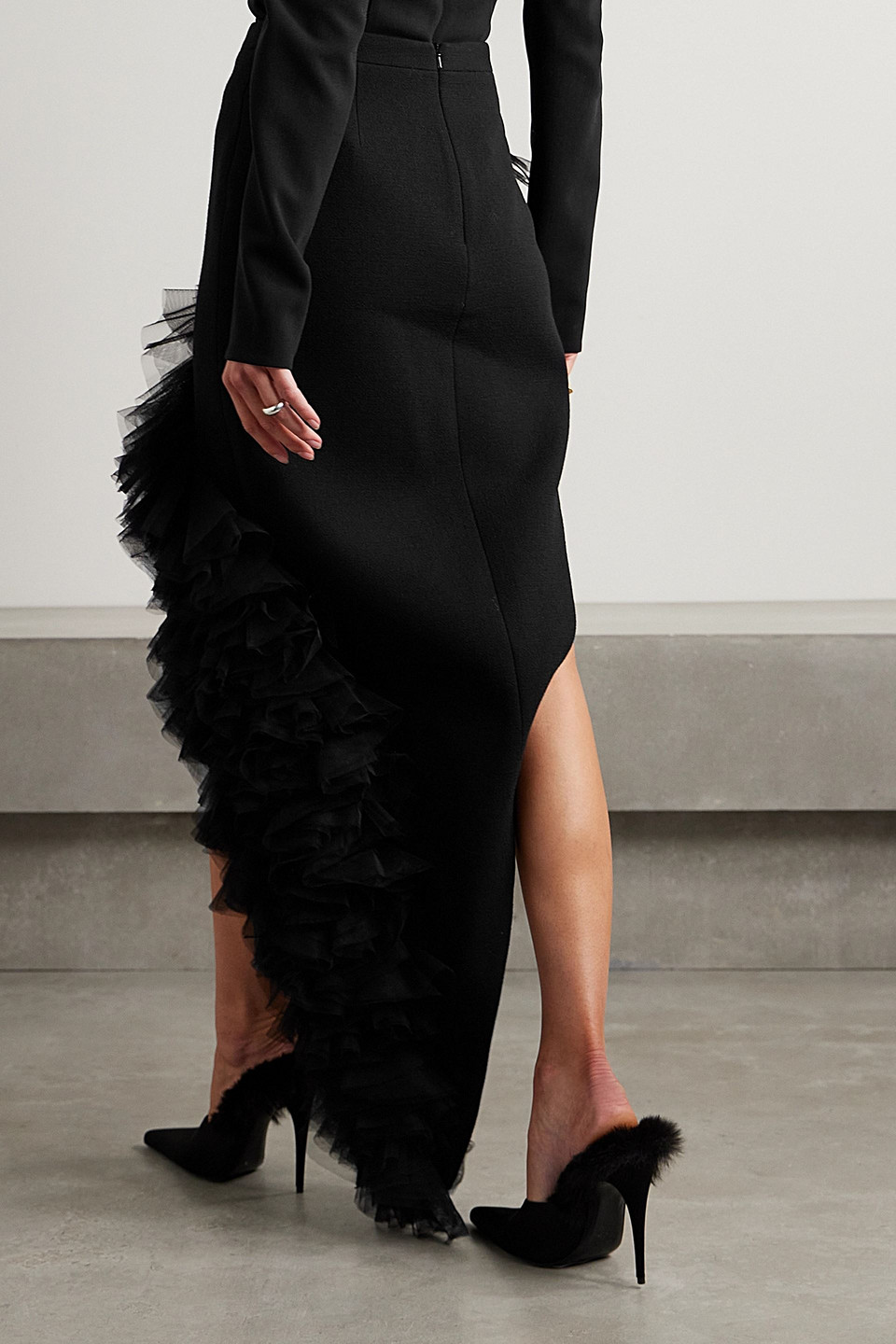 DAVID KOMA ASYMMETRIC RUFFLED TULLE-TRIMMED WOOL-CREPE MAXI SKIRT