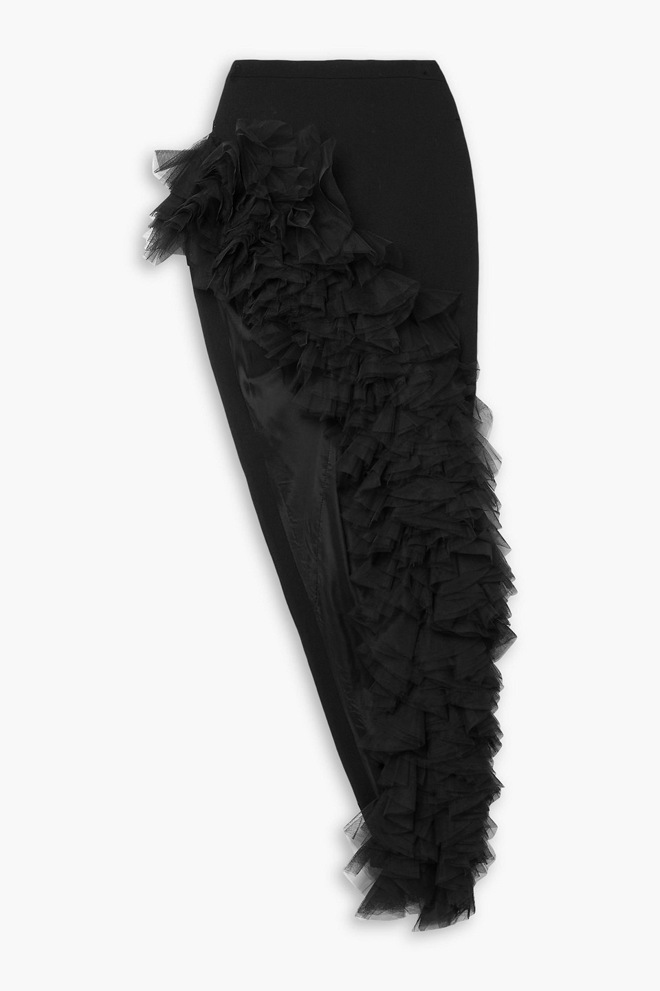 David Koma Asymmetric Ruffled Tulle-trimmed Wool-crepe Maxi Skirt In Black