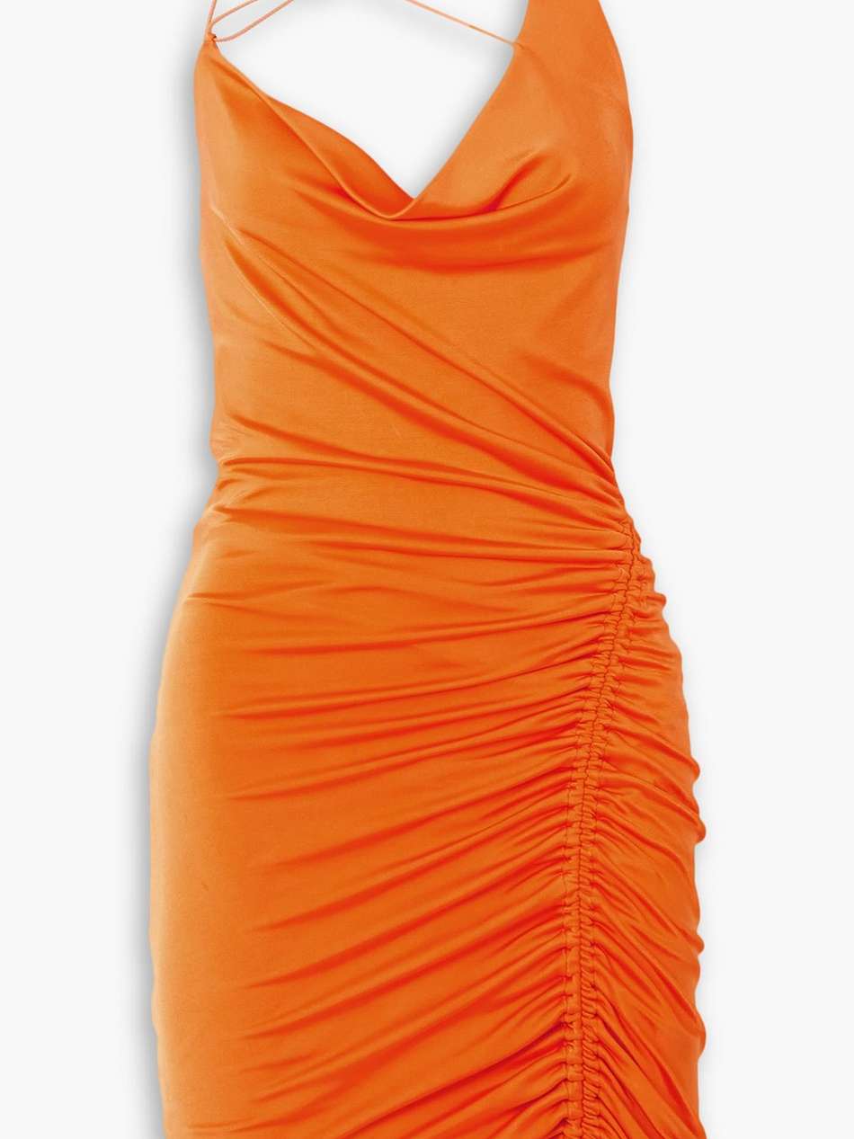 arya one-shoulder ruched satin-jersey mini dress