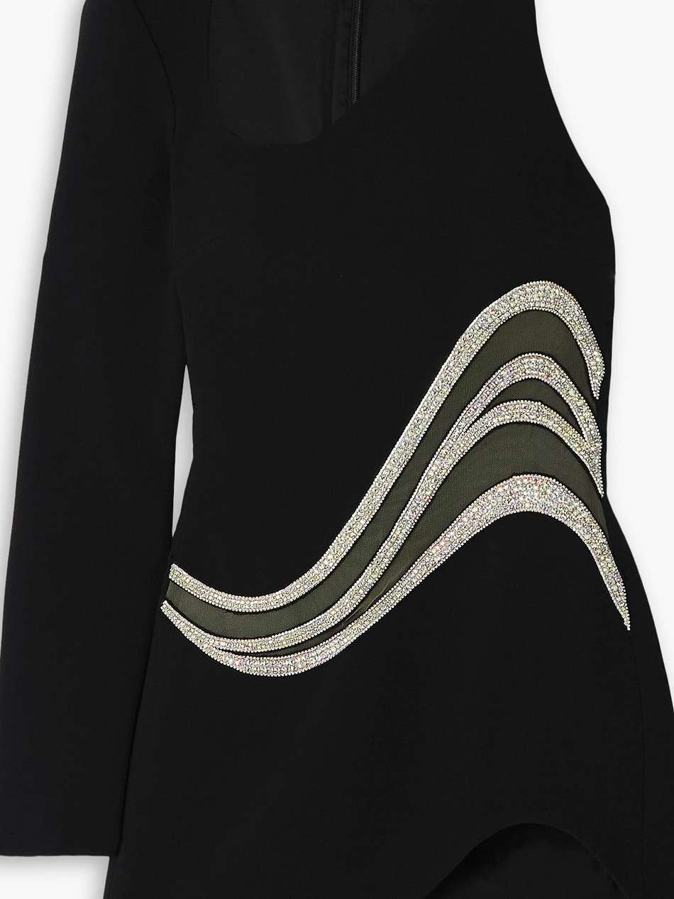 one-sleeve crystal-embellished mesh-trimmed cady mini dress