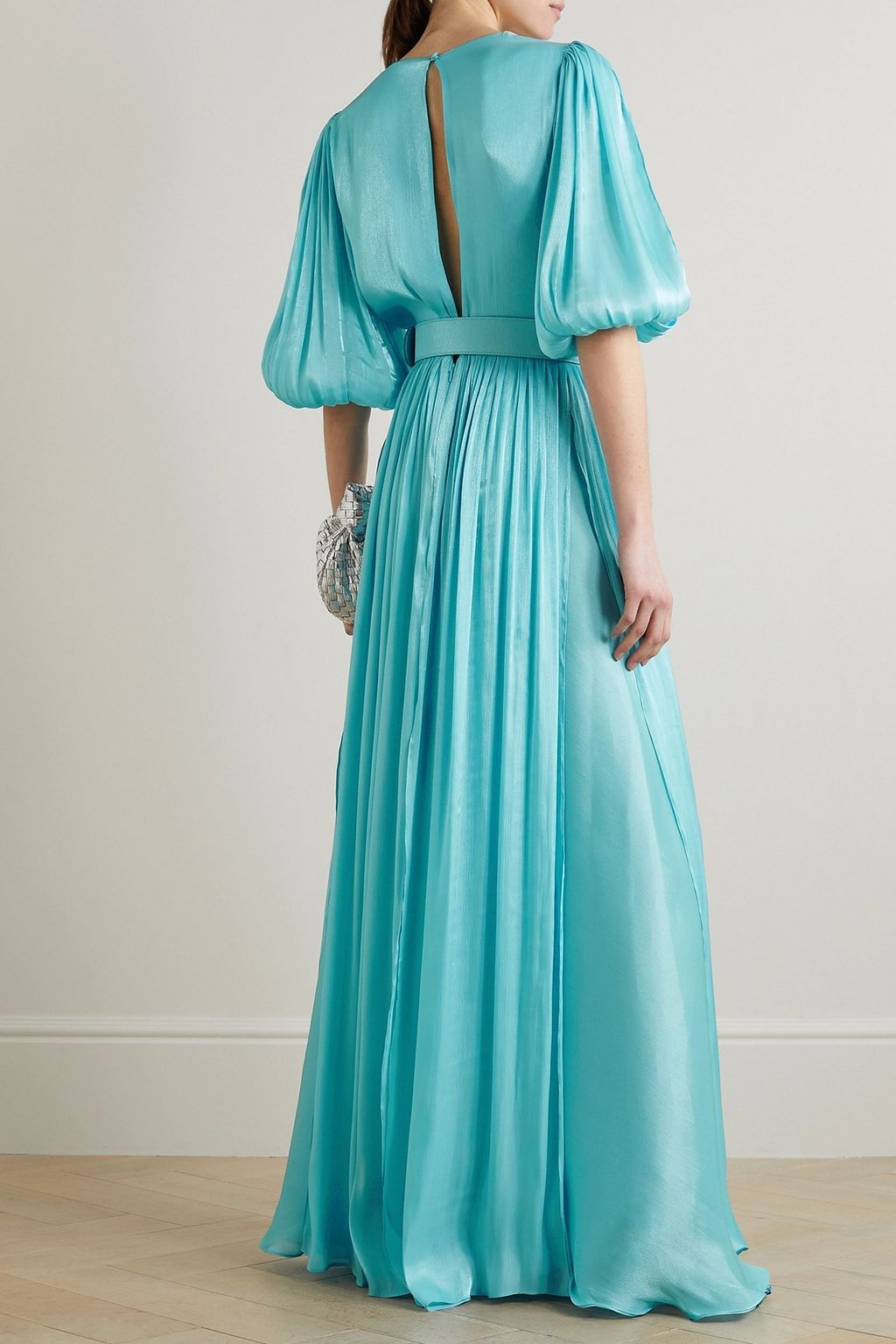 COSTARELLOS Brennie belted metallic plissé-lamé gown