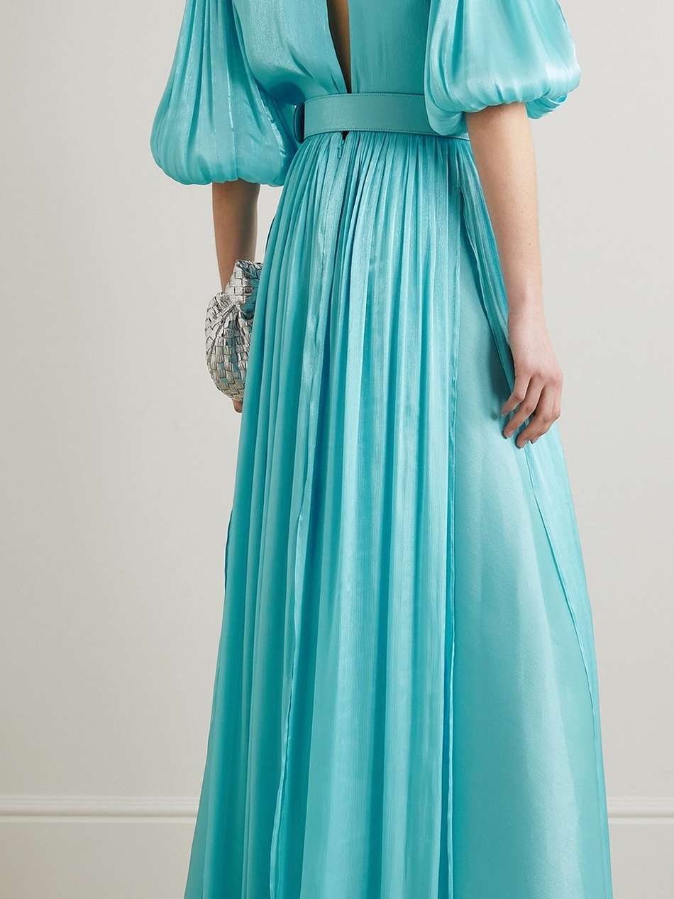 brennie belted metallic plissé-lamé gown