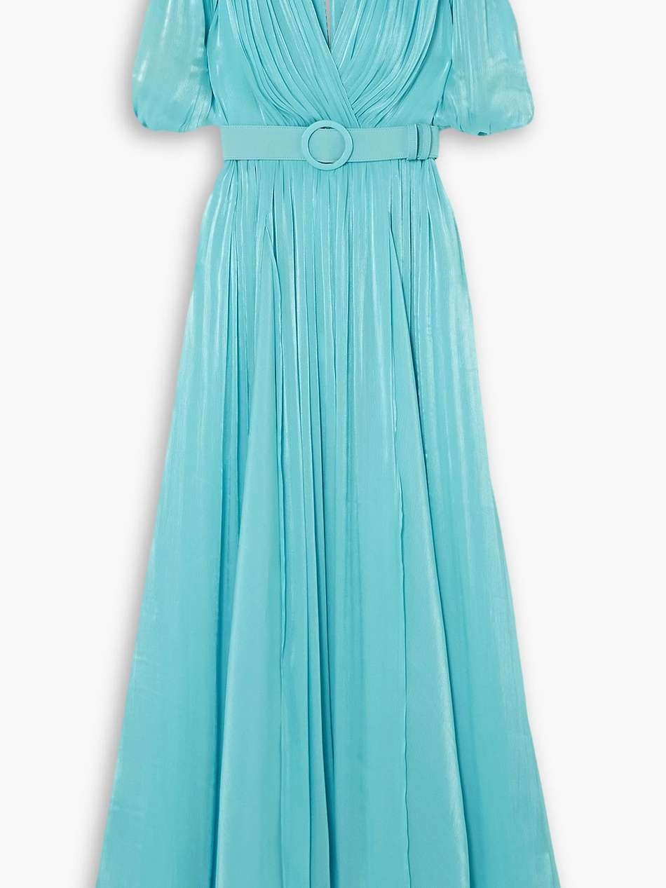brennie belted metallic plissé-lamé gown