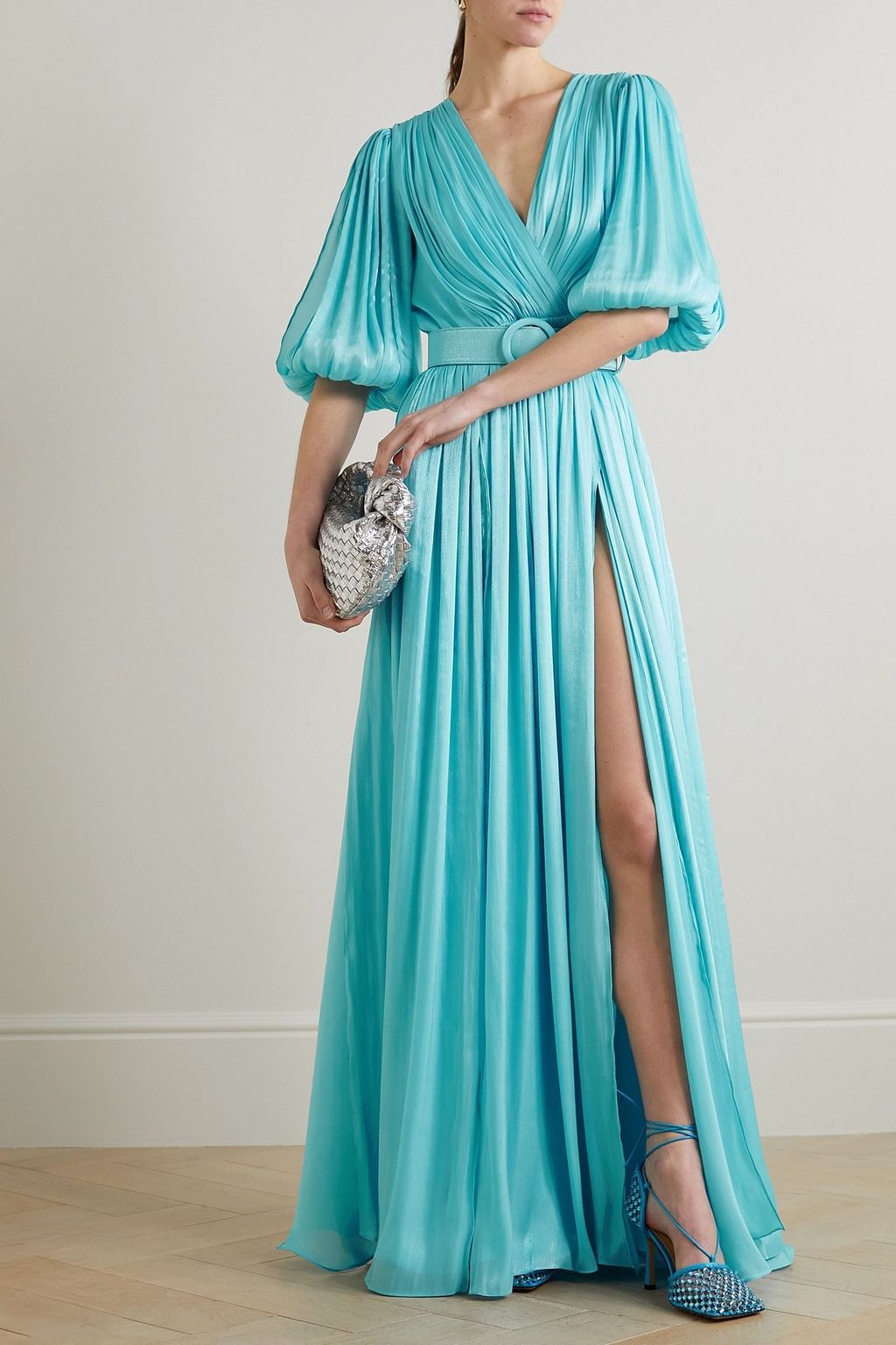 COSTARELLOS Brennie belted metallic plissé-lamé gown