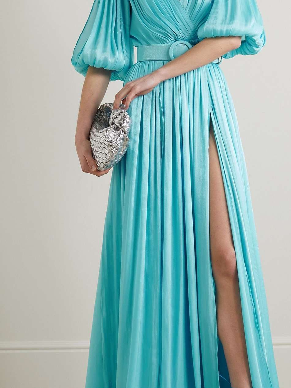brennie belted metallic plissé-lamé gown