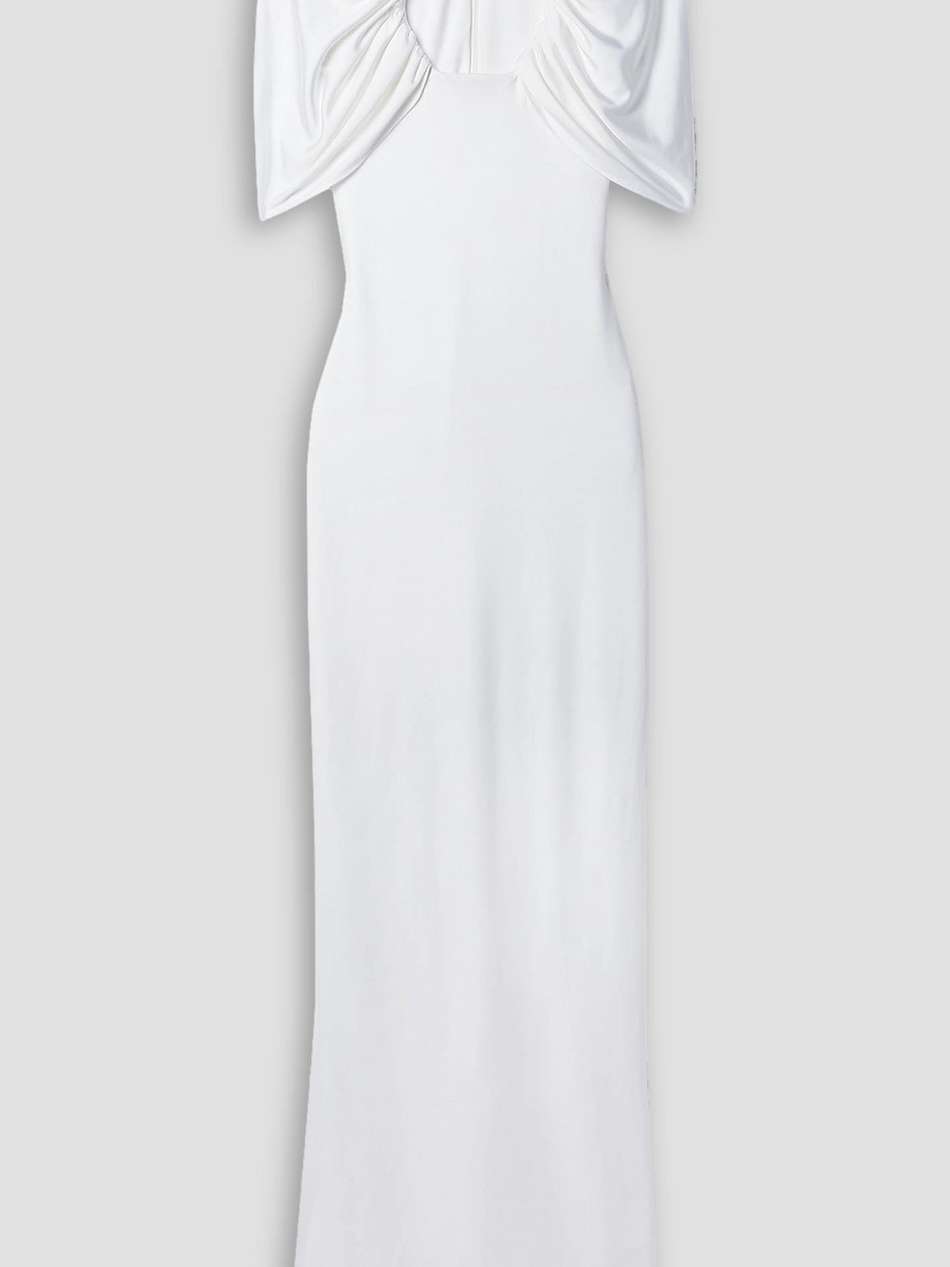 cape-effect cutout ruched stretch-jersey gown