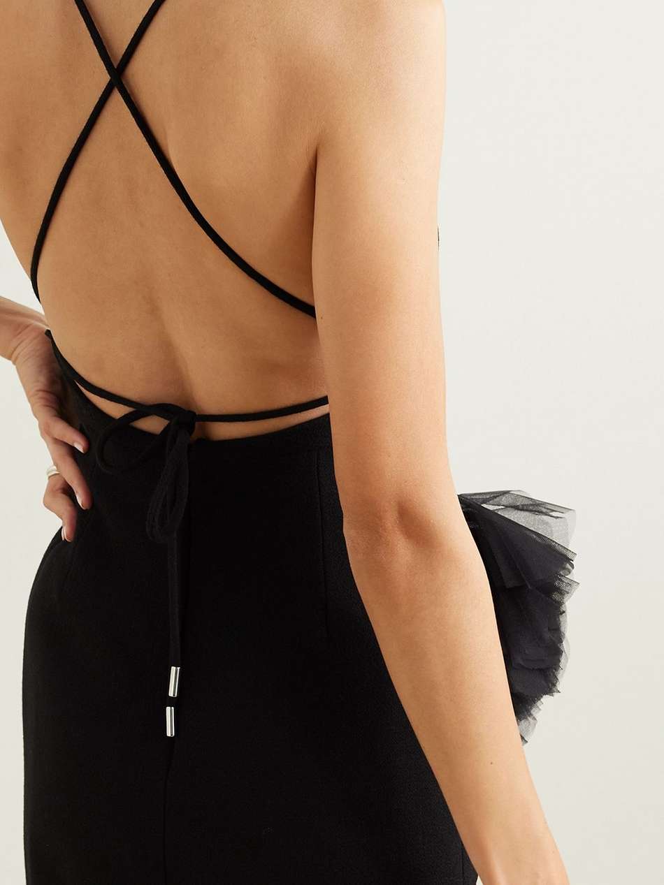 asymmetric tulle-trimmed wool-crepe mini dress