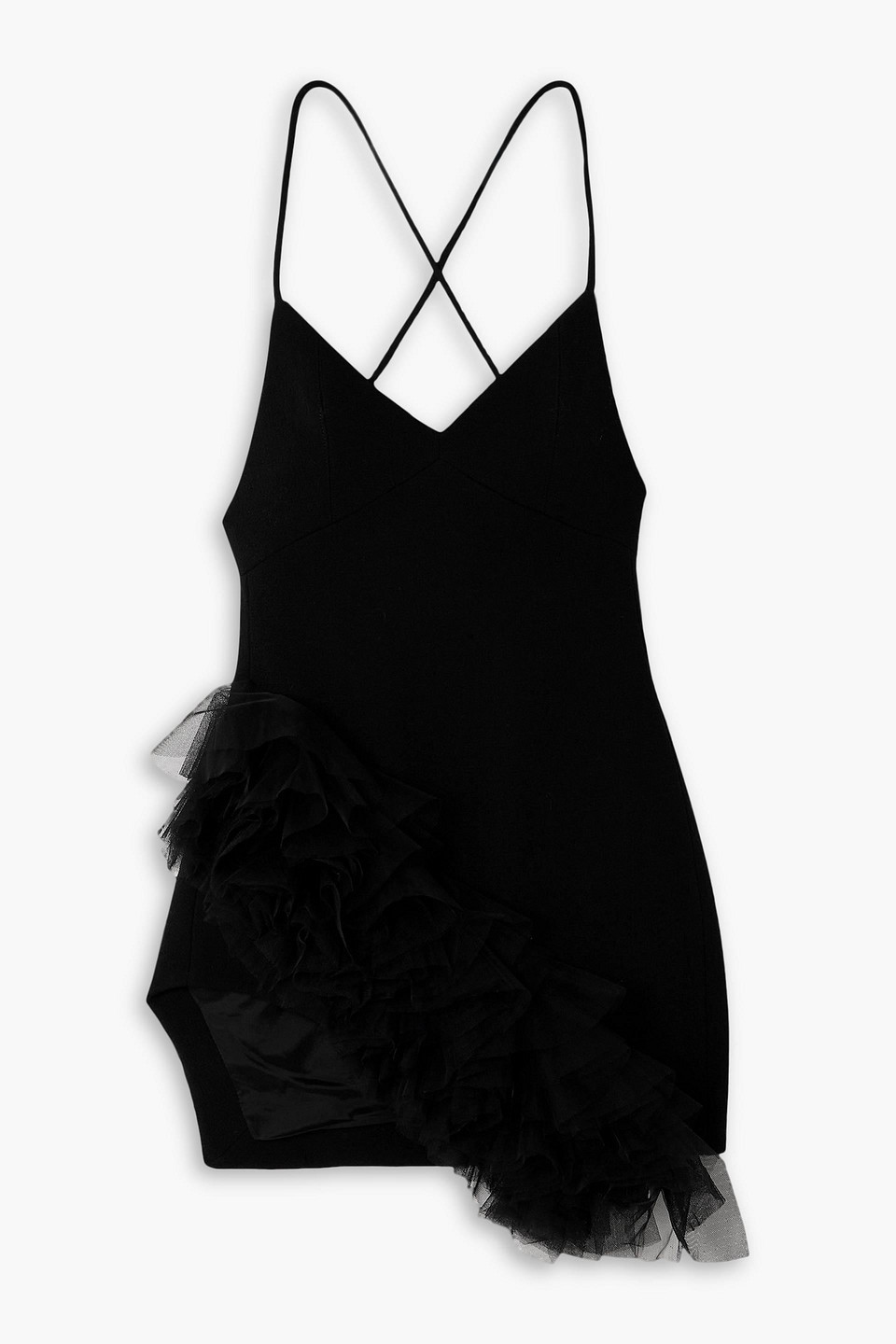 David Koma Asymmetric Tulle-trimmed Wool-crepe Mini Dress In Black