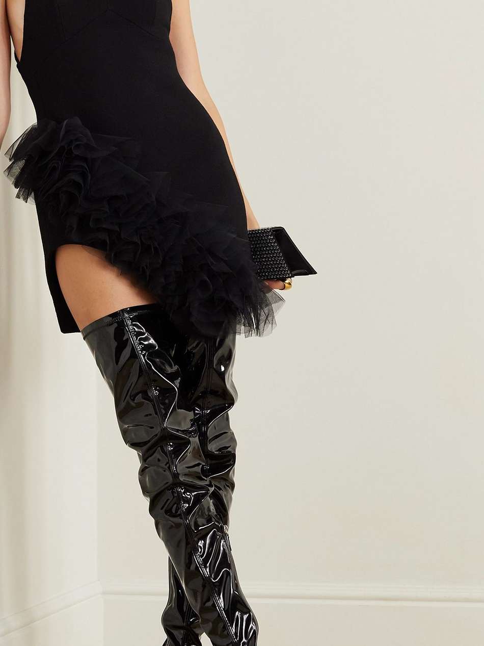 asymmetric tulle-trimmed wool-crepe mini dress
