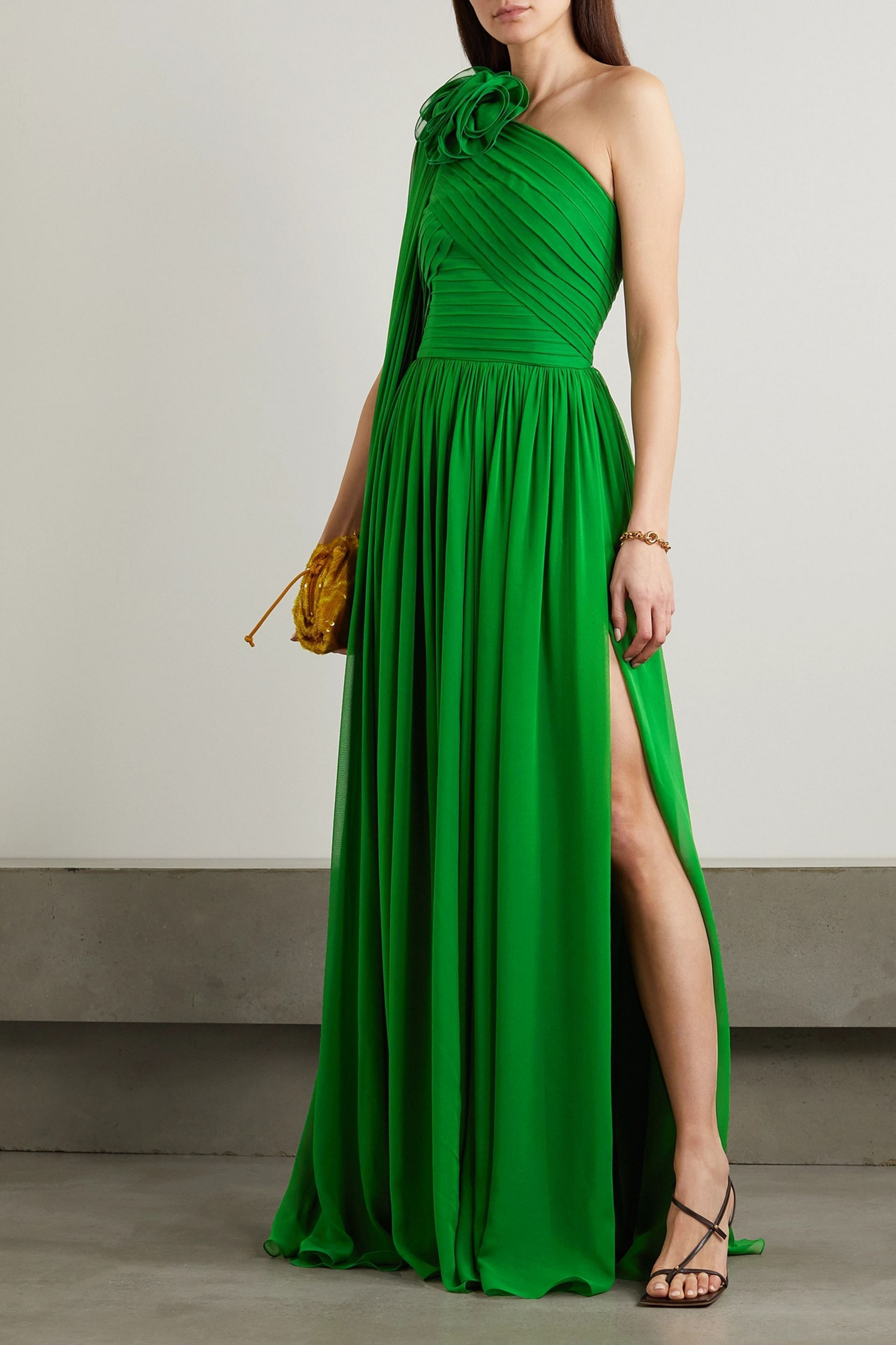 Elie Saab One-shoulder pleated silk-georgette gown