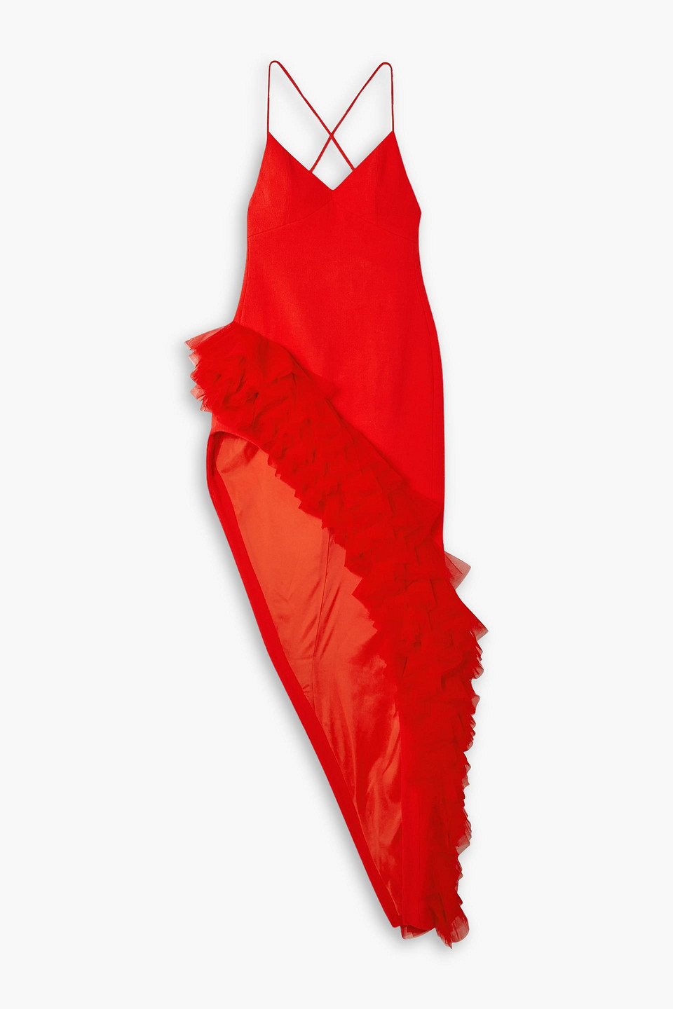 DAVID KOMA ASYMMETRIC TULLE-TRIMMED WOOL-CREPE MAXI DRESS