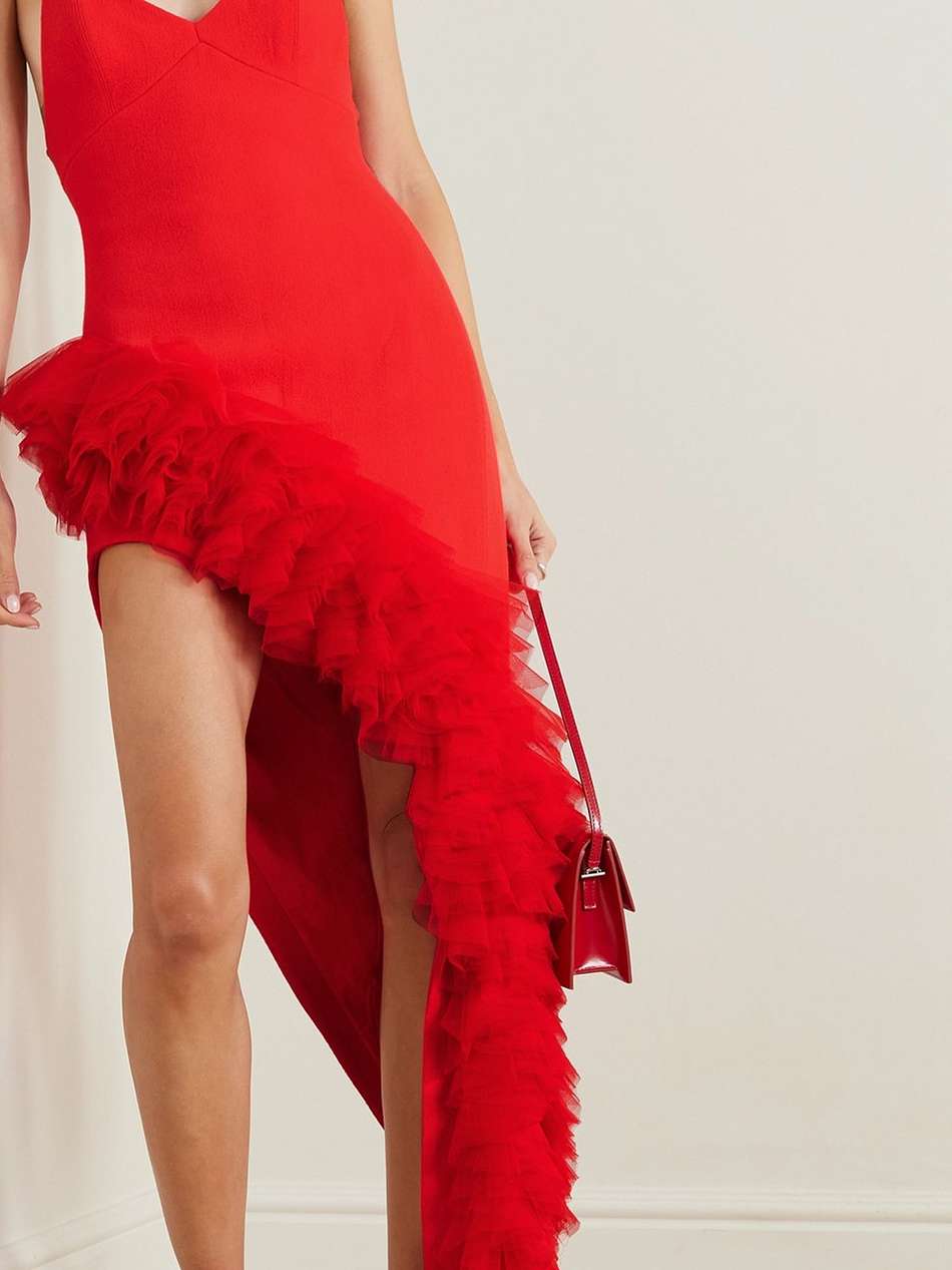 asymmetric tulle-trimmed wool-crepe maxi dress