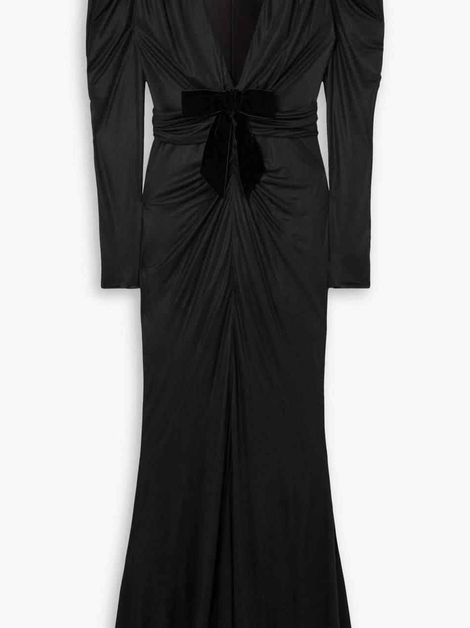 bow-detailed velvet-trimmed jersey gown