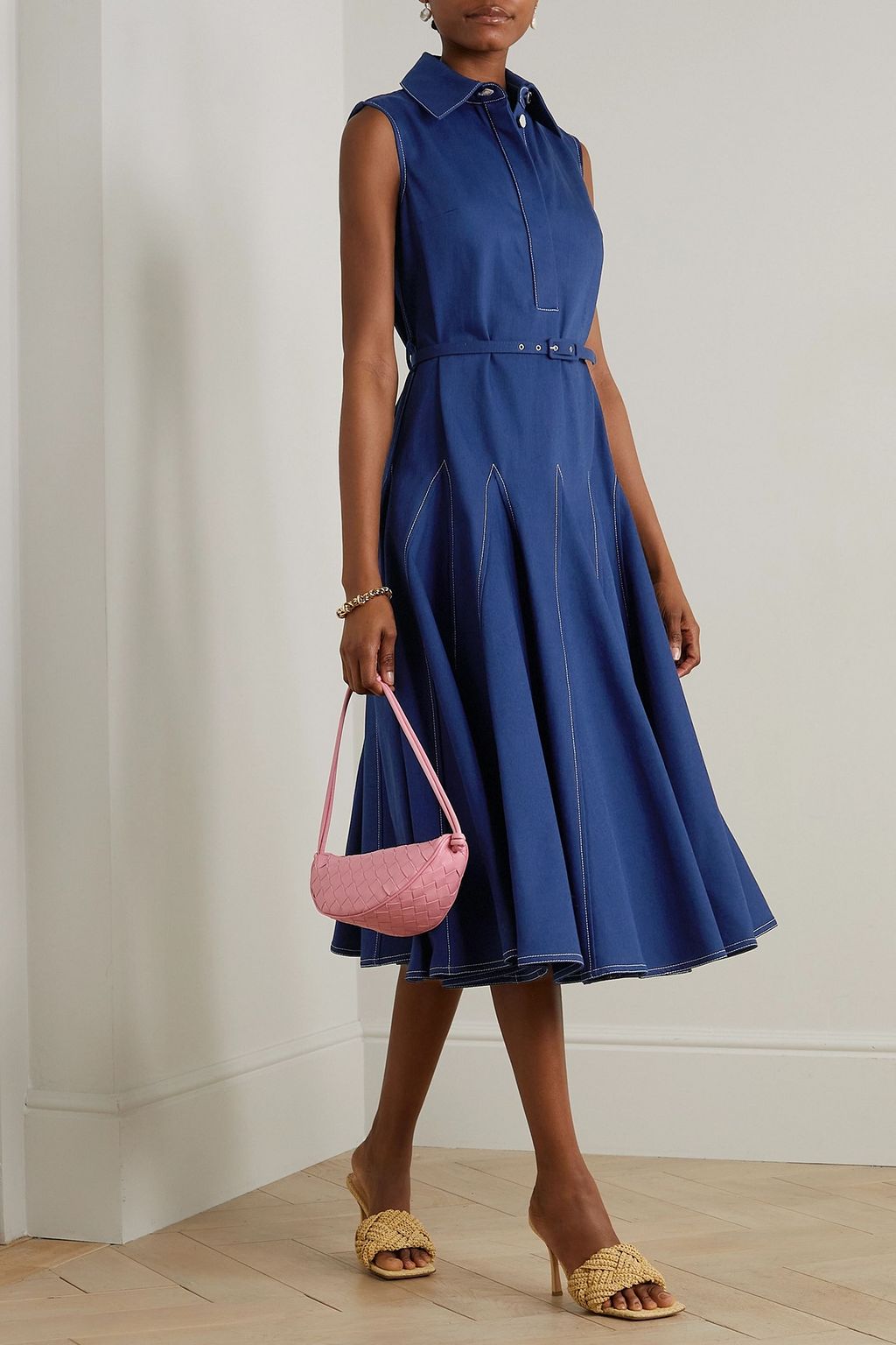 EMILIA WICKSTEAD Monique belted topstitched denim midi dress