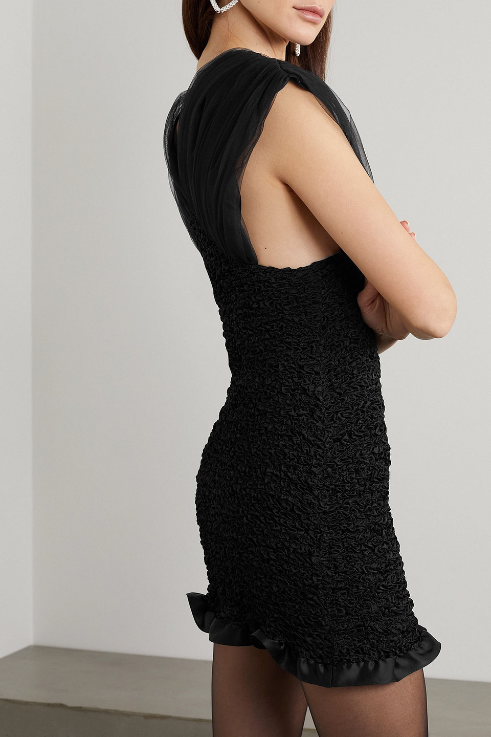 Alessandra Rich Appliquéd Shirred Silk-satin And Tulle Mini Dress In Black