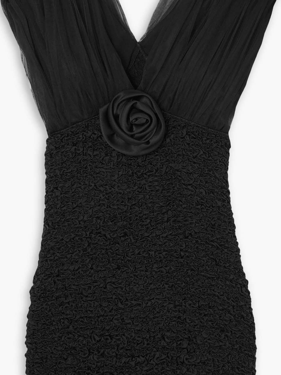appliquéd shirred silk-satin and tulle mini dress