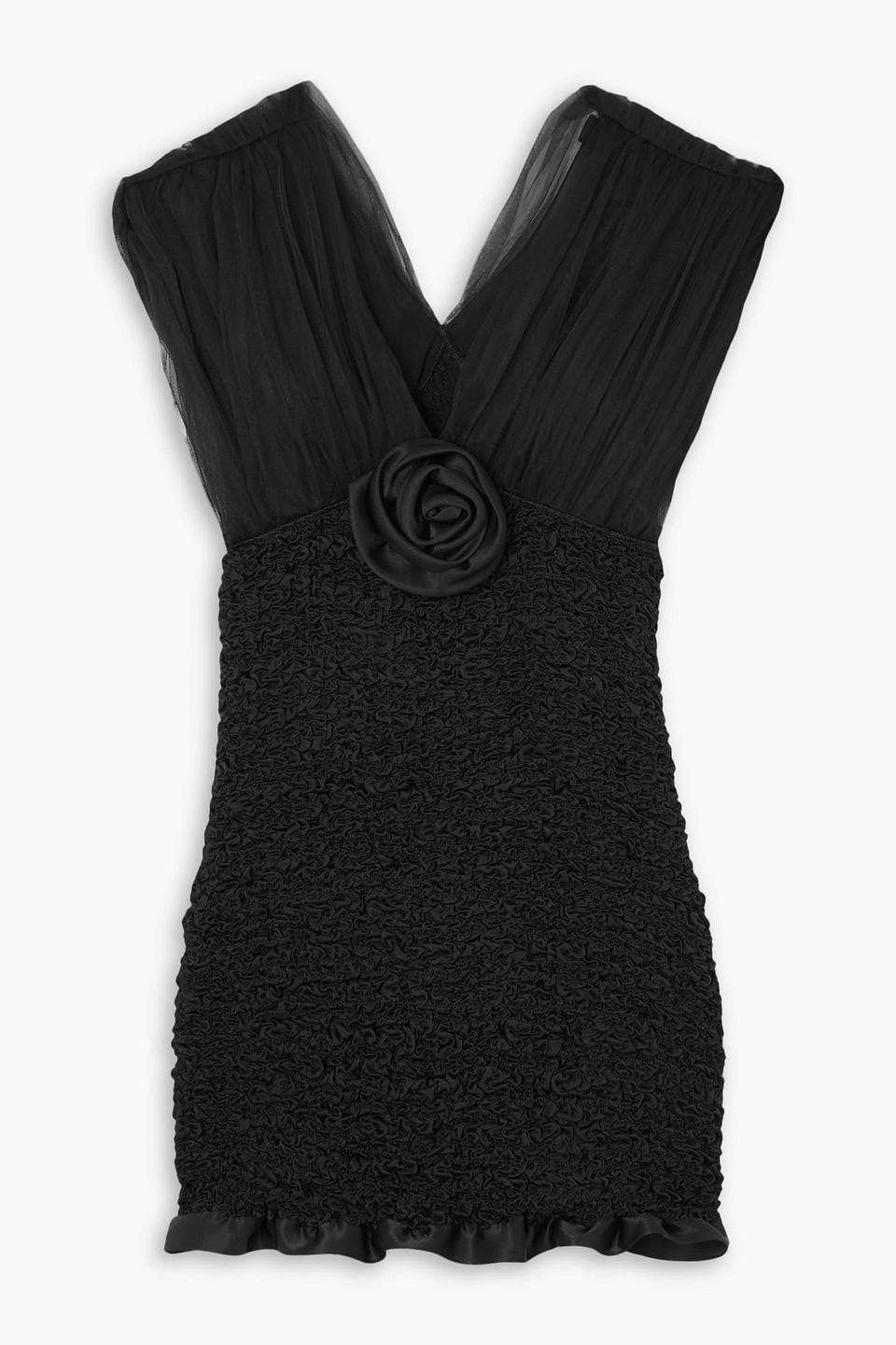 Alessandra Rich Appliquéd Shirred Silk-satin And Tulle Mini Dress In Black