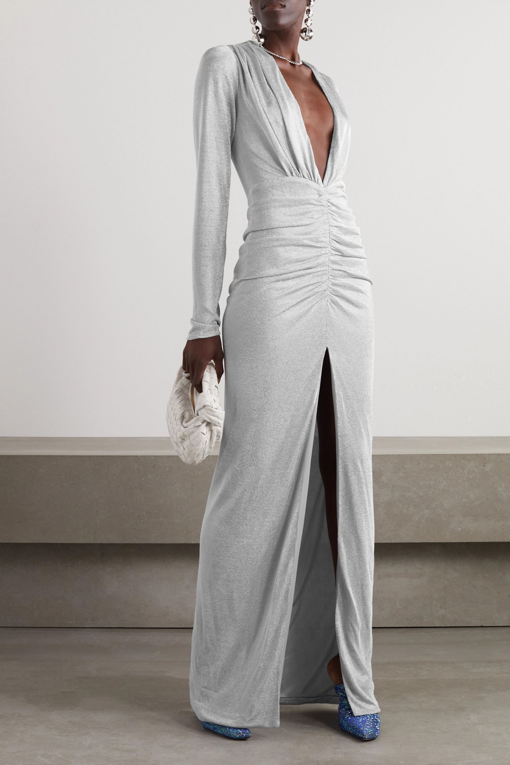 Costarellos Tatjana ruched metallic knitted maxi dress